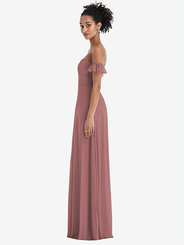 【STYLE: TH046】Off-the-Shoulder Ruffle Cuff Sleeve Chiffon Maxi Dress【COLOR: Rosewood】