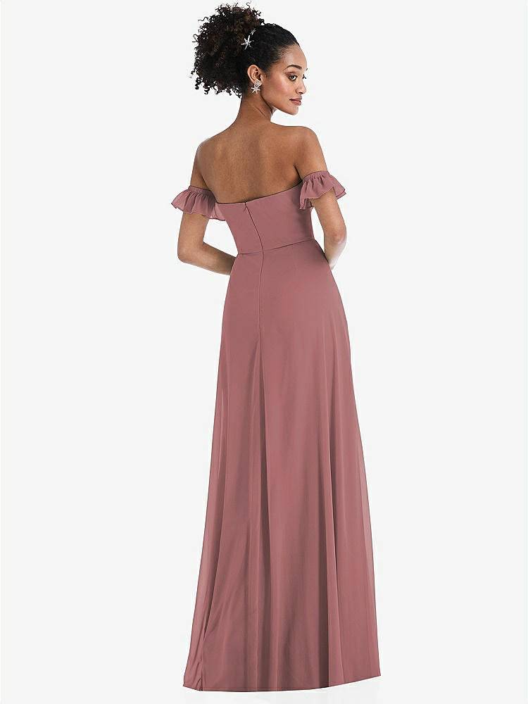 【STYLE: TH046】Off-the-Shoulder Ruffle Cuff Sleeve Chiffon Maxi Dress【COLOR: Rosewood】