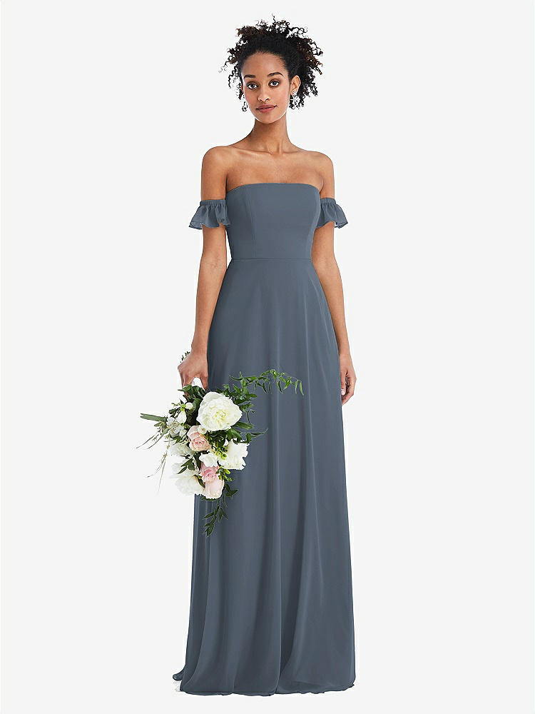 【STYLE: TH046】Off-the-Shoulder Ruffle Cuff Sleeve Chiffon Maxi Dress【COLOR: Silverstone】