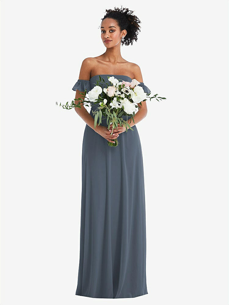 【STYLE: TH046】Off-the-Shoulder Ruffle Cuff Sleeve Chiffon Maxi Dress【COLOR: Silverstone】