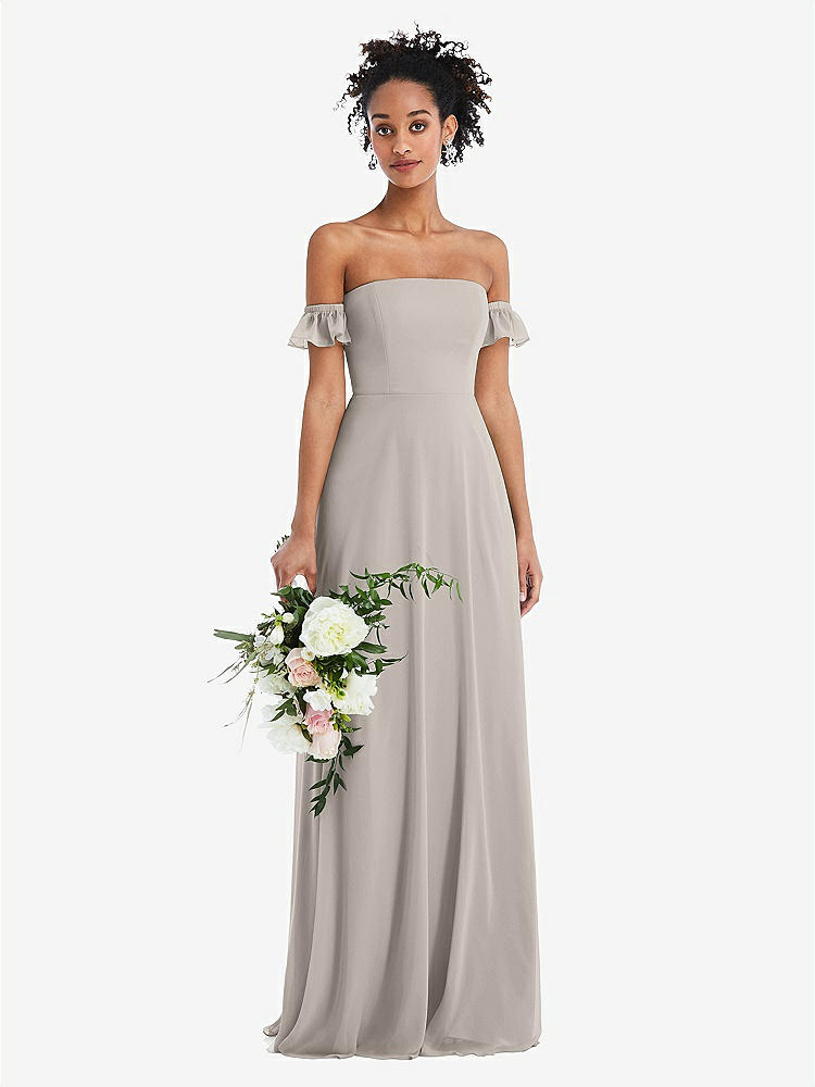 【NEW】【STYLE: TH046】オフショルダー フリル カフ 袖 シフォン マキシ ドレス【COLOR: Taupe】【SIZE: 00-30W】