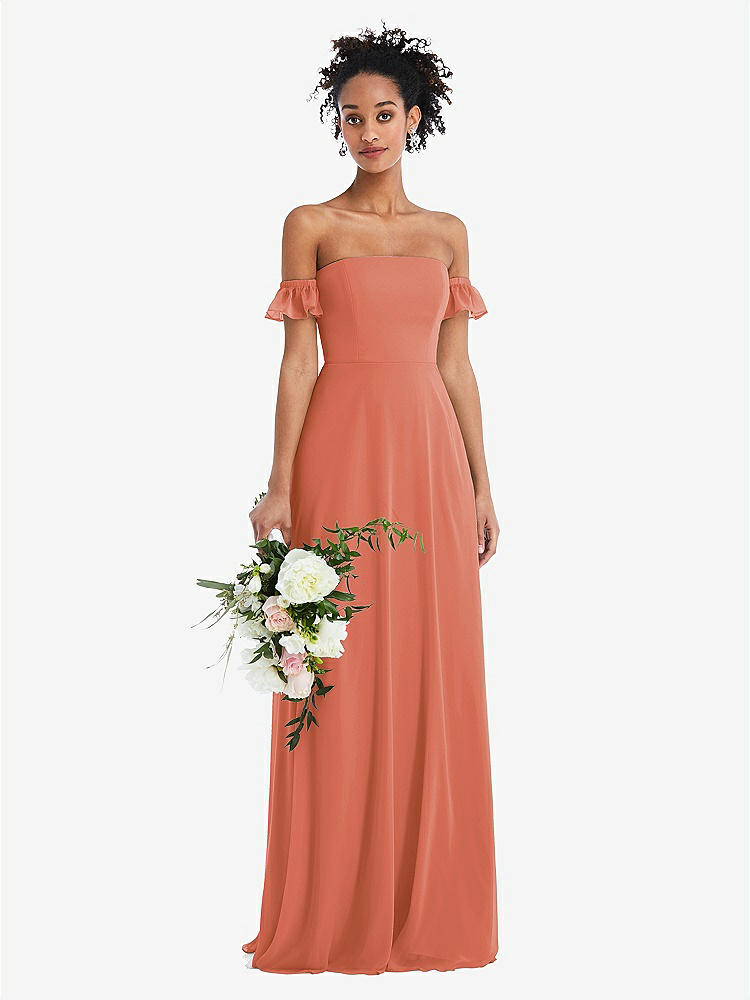 【STYLE: TH046】Off-the-Shoulder Ruffle Cuff Sleeve Chiffon Maxi Dress【COLOR: Terracotta Copper】