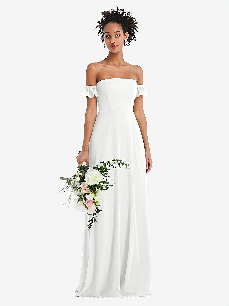 【STYLE: TH046】Off-the-Shoulder Ruffle Cuff Sleeve Chiffon Maxi Dress【COLOR: White】
