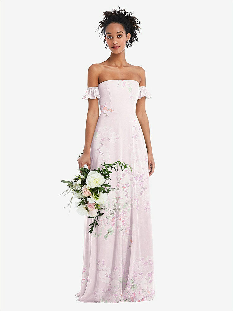 【STYLE: TH046】Off-the-Shoulder Ruffle Cuff Sleeve Chiffon Maxi Dress【COLOR: Watercolor Print】