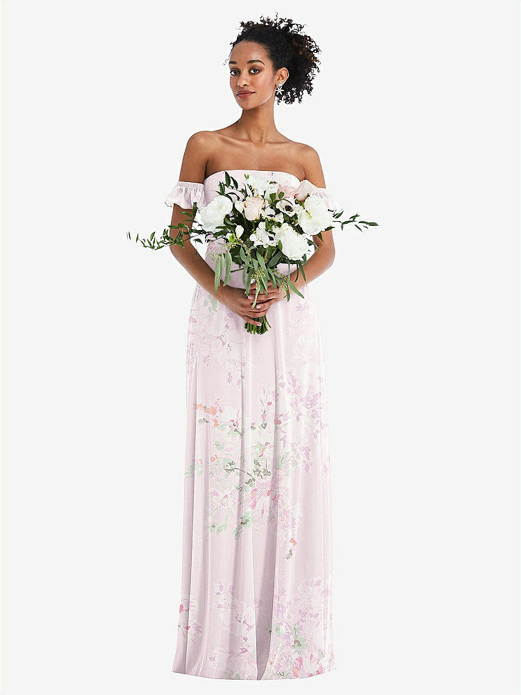 【STYLE: TH046】Off-the-Shoulder Ruffle Cuff Sleeve Chiffon Maxi Dress【COLOR: Watercolor Print】