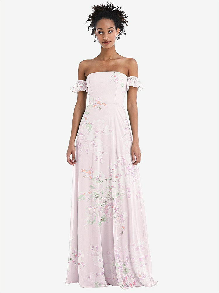 【STYLE: TH046】Off-the-Shoulder Ruffle Cuff Sleeve Chiffon Maxi Dress【COLOR: Watercolor Print】