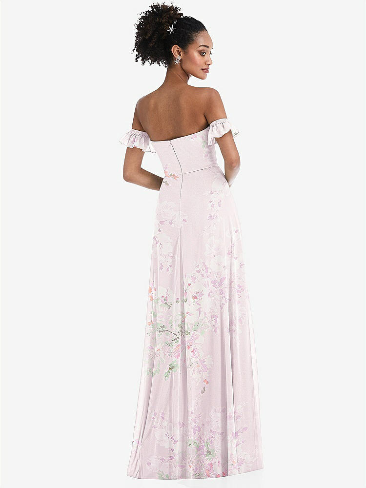 【STYLE: TH046】Off-the-Shoulder Ruffle Cuff Sleeve Chiffon Maxi Dress【COLOR: Watercolor Print】