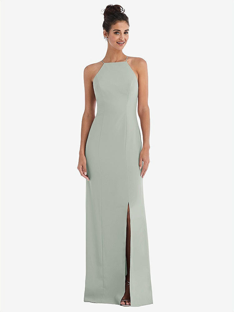 【STYLE: TH047】Open-Back High-Neck Halter Trumpet Gown【COLOR: Willow Green】