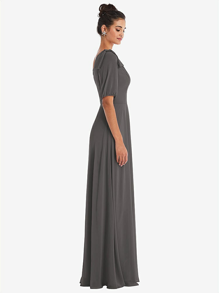 【STYLE: TH048】Bow One-Shoulder Flounce Sleeve Maxi Dress【COLOR: Caviar Gray】