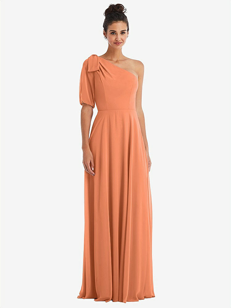 【STYLE: TH048】Bow One-Shoulder Flounce Sleeve Maxi Dress【COLOR: Sweet Melon】
