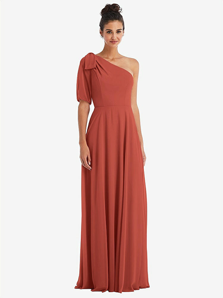 【STYLE: TH048】Bow One-Shoulder Flounce Sleeve Maxi Dress【COLOR: Amber Sunset】