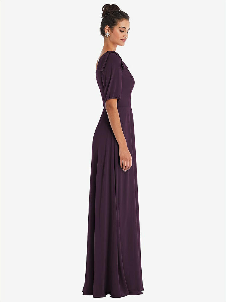 【NEW】【STYLE: TH048】弓 ワンショルダー フラウンス 袖 マキシ ドレス【COLOR: Aubergine】【SIZE: 00-30W】