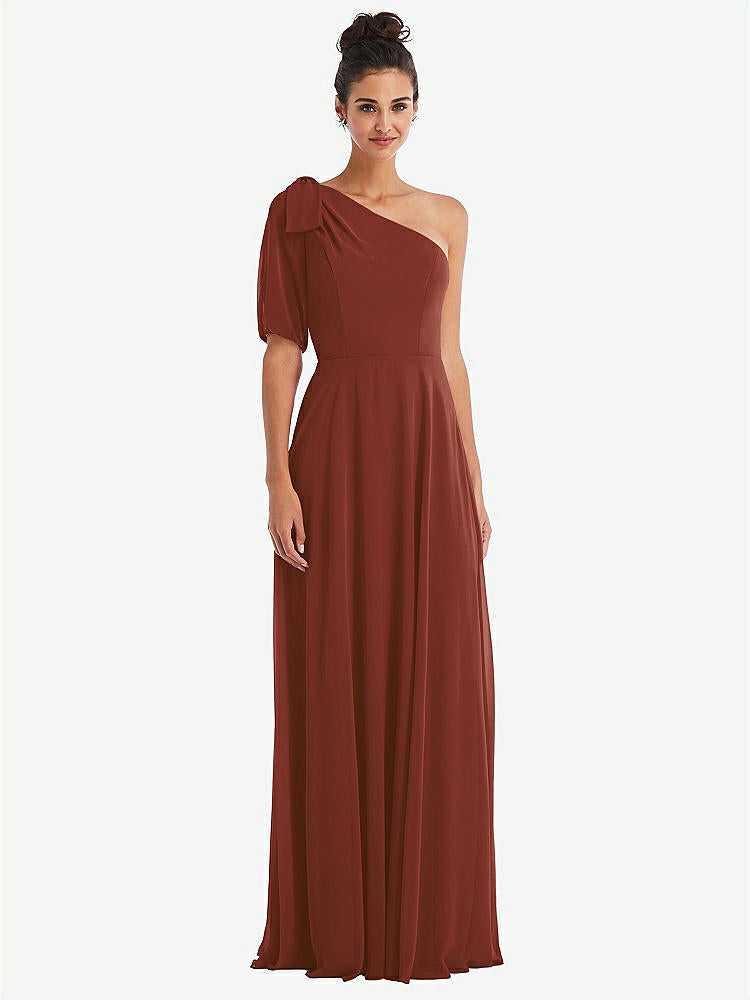 【STYLE: TH048】Bow One-Shoulder Flounce Sleeve Maxi Dress【COLOR: Auburn Moon】
