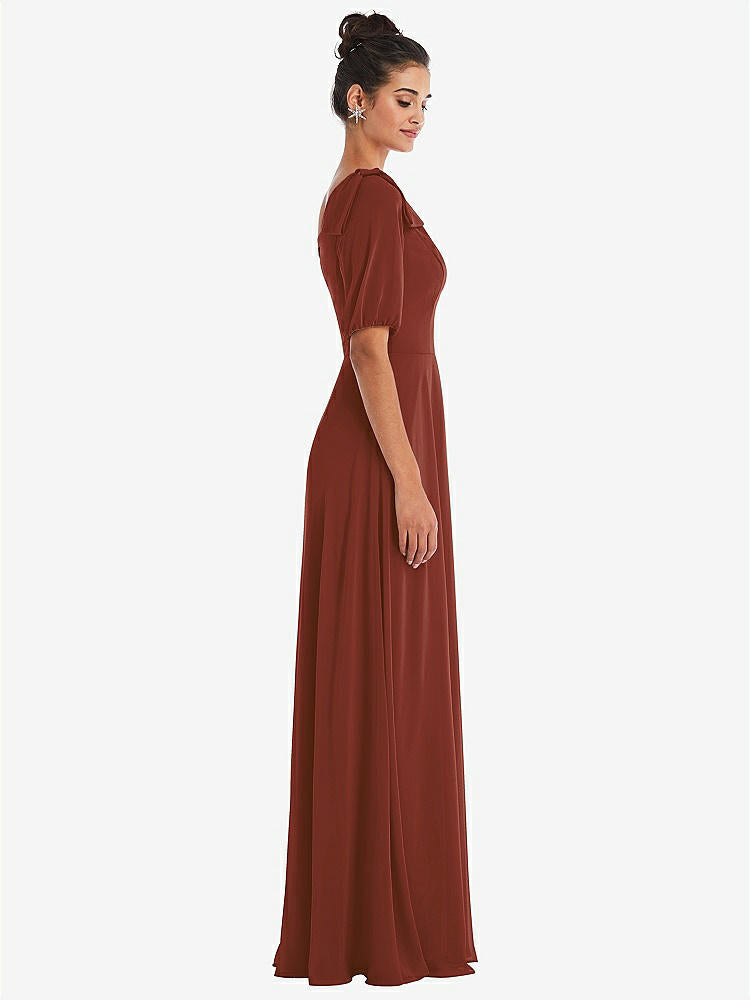 【STYLE: TH048】Bow One-Shoulder Flounce Sleeve Maxi Dress【COLOR: Auburn Moon】