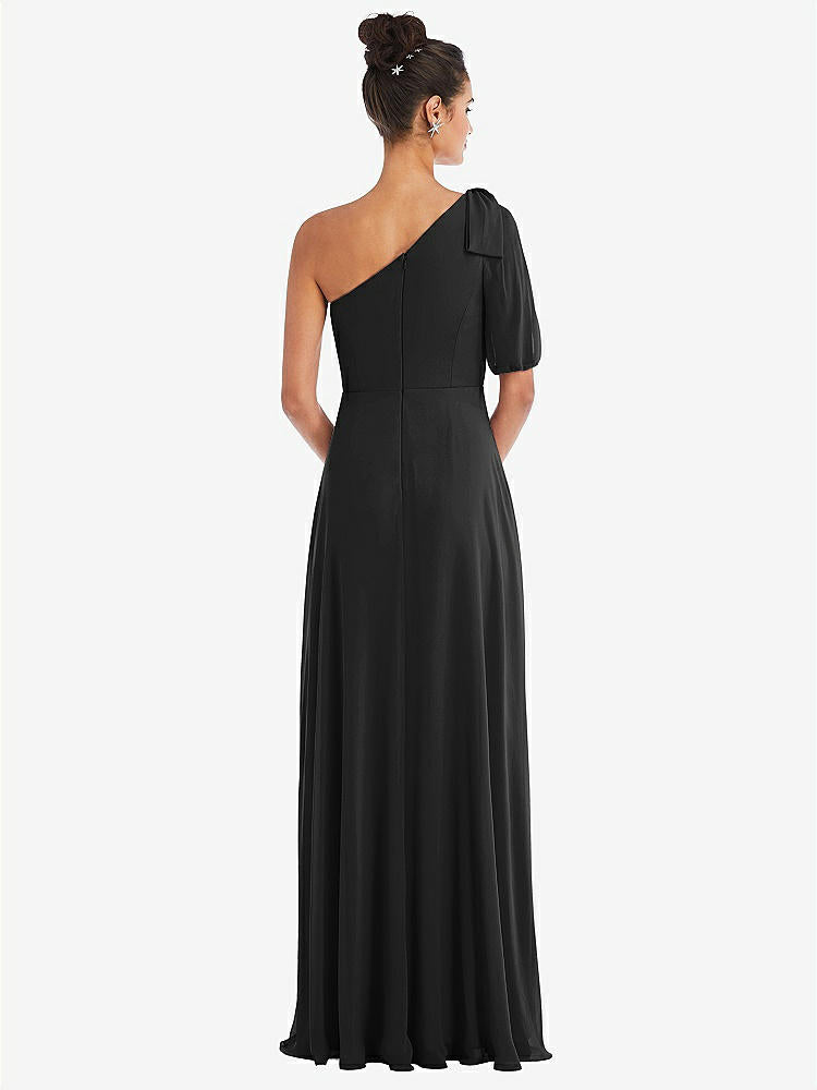 【STYLE: TH048】Bow One-Shoulder Flounce Sleeve Maxi Dress【COLOR: Black】