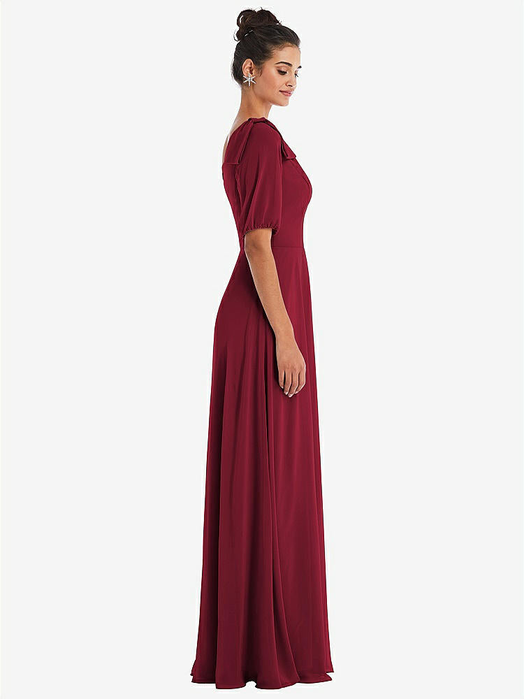 【NEW】【STYLE: TH048】弓 ワンショルダー フラウンス 袖 マキシ ドレス【COLOR: Burgundy】【SIZE: 00-30W】