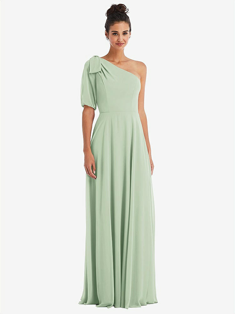 【STYLE: TH048】Bow One-Shoulder Flounce Sleeve Maxi Dress【COLOR: Celadon】