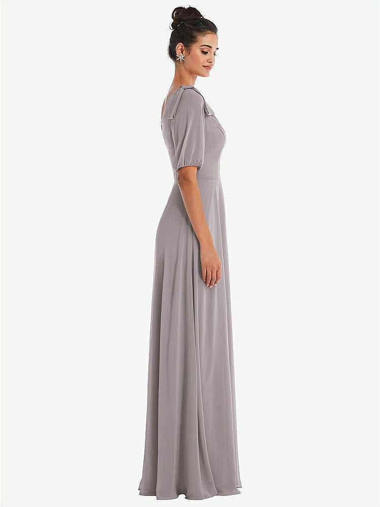 【STYLE: TH048】Bow One-Shoulder Flounce Sleeve Maxi Dress【COLOR: Cashmere Gray】