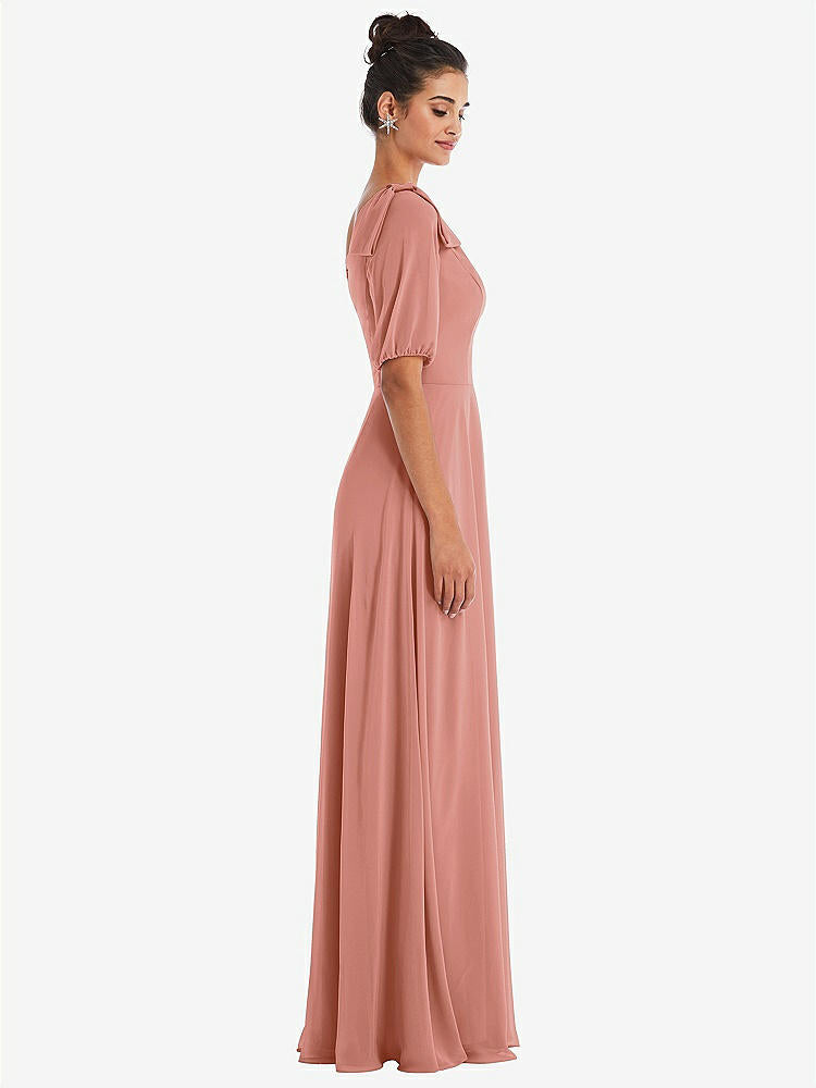 【STYLE: TH048】Bow One-Shoulder Flounce Sleeve Maxi Dress【COLOR: Desert Rose】
