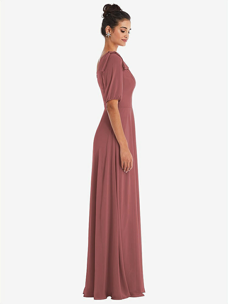 【STYLE: TH048】Bow One-Shoulder Flounce Sleeve Maxi Dress【COLOR: English Rose】