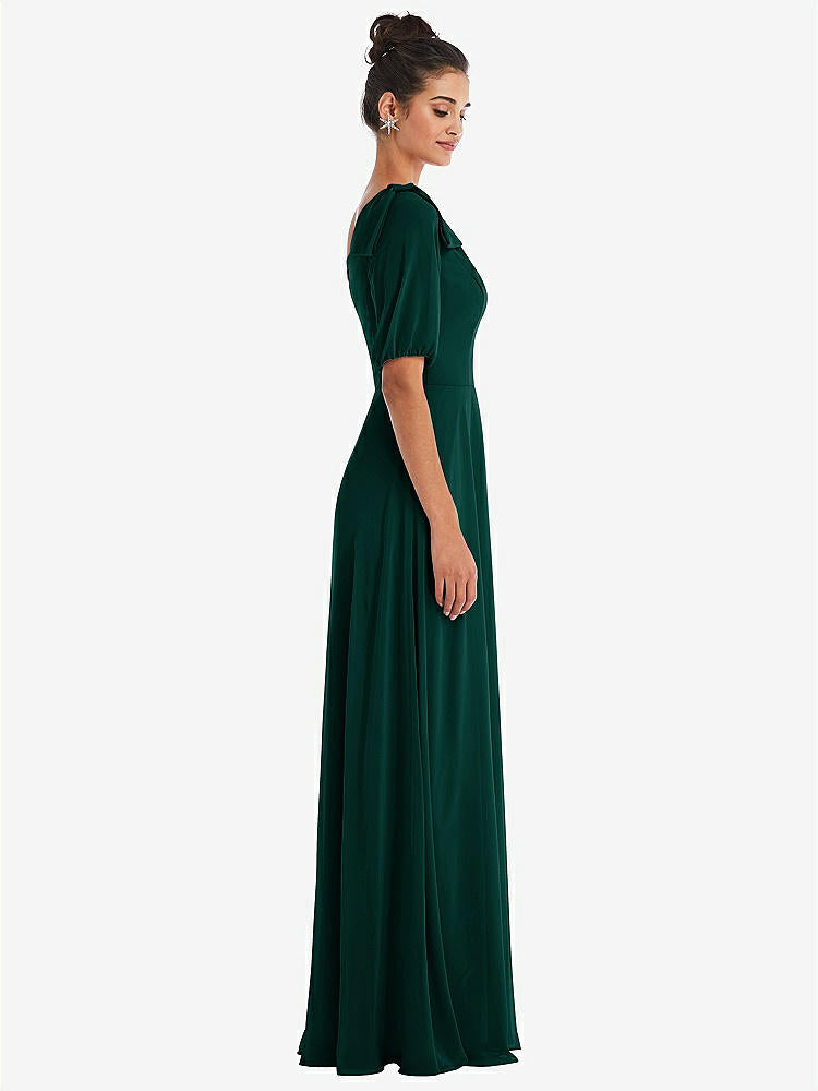 【STYLE: TH048】Bow One-Shoulder Flounce Sleeve Maxi Dress【COLOR: Evergreen】