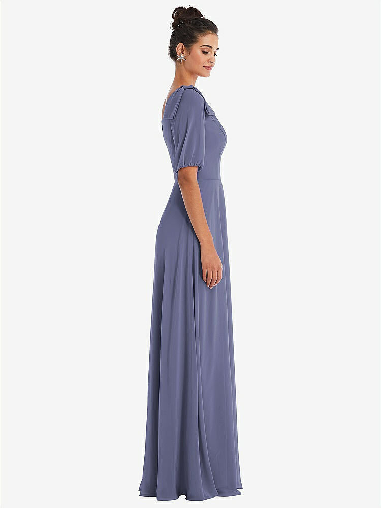 【NEW】【STYLE: TH048】弓 ワンショルダー フラウンス 袖 マキシ ドレス【COLOR: French Blue】【SIZE: 00-30W】