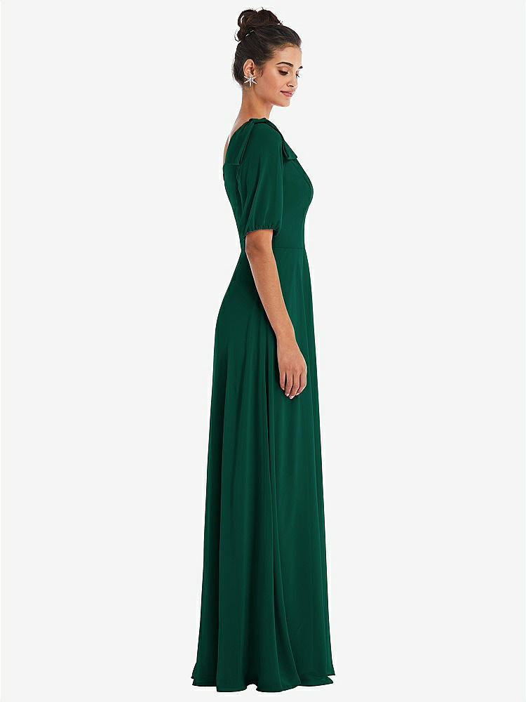 【STYLE: TH048】Bow One-Shoulder Flounce Sleeve Maxi Dress【COLOR: Hunter Green】