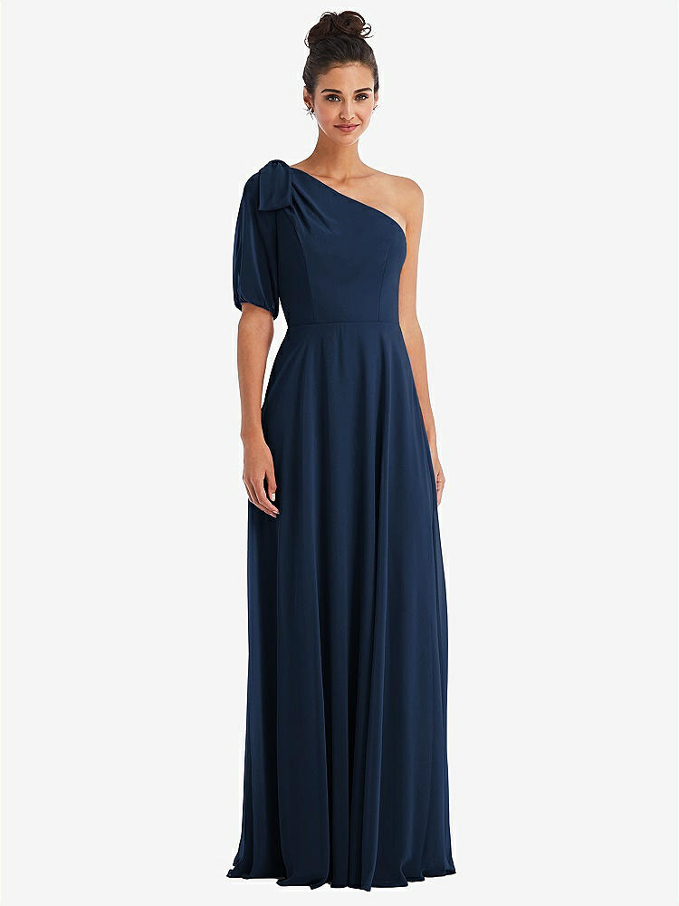 【STYLE: TH048】Bow One-Shoulder Flounce Sleeve Maxi Dress【COLOR: Midnight Navy】