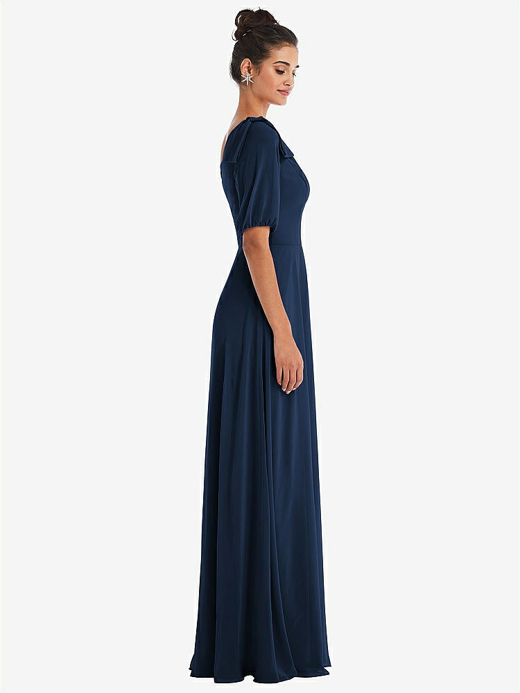 【STYLE: TH048】Bow One-Shoulder Flounce Sleeve Maxi Dress【COLOR: Midnight Navy】