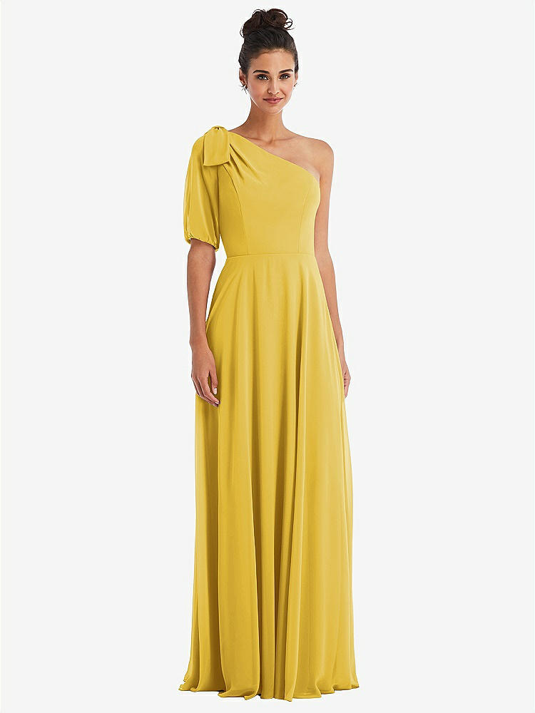【STYLE: TH048】Bow One-Shoulder Flounce Sleeve Maxi Dress【COLOR: Marigold】