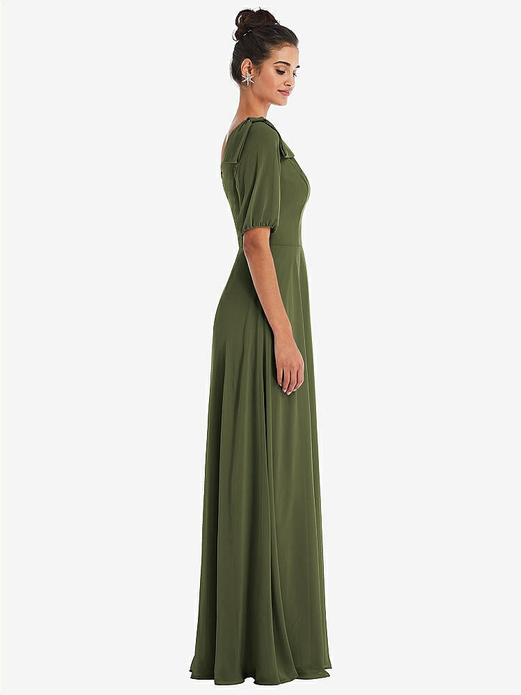【NEW】【STYLE: TH048】弓 ワンショルダー フラウンス 袖 マキシ ドレス【COLOR: Olive Green】【SIZE: 00-30W】