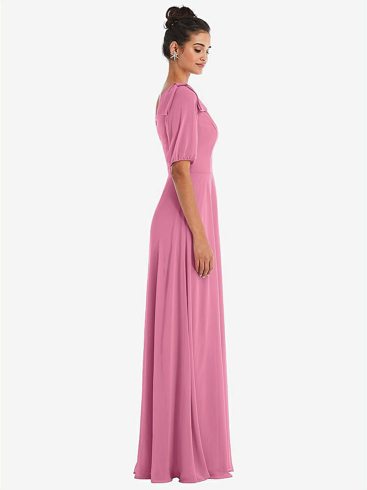 【STYLE: TH048】Bow One-Shoulder Flounce Sleeve Maxi Dress【COLOR: Orchid Pink】