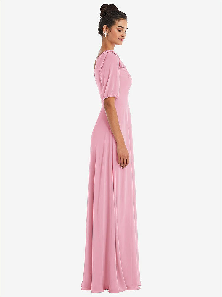 【STYLE: TH048】Bow One-Shoulder Flounce Sleeve Maxi Dress【COLOR: Peony Pink】