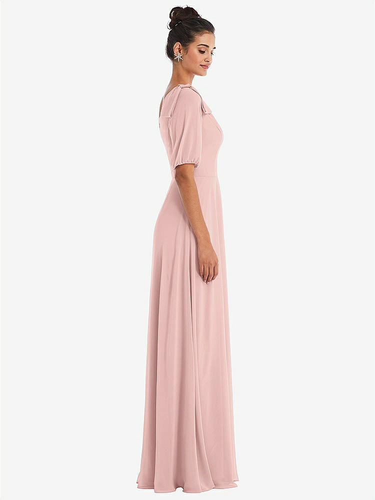 【STYLE: TH048】Bow One-Shoulder Flounce Sleeve Maxi Dress【COLOR: Rose - PANTONE Rose Quartz】