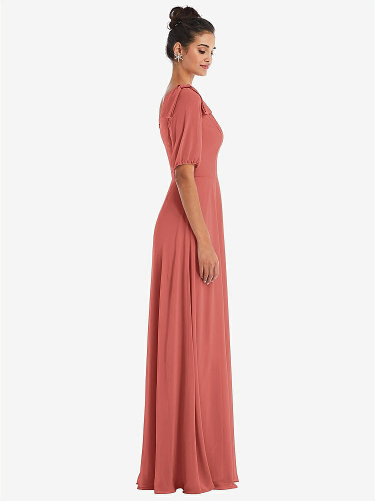 【STYLE: TH048】Bow One-Shoulder Flounce Sleeve Maxi Dress【COLOR: Coral Pink】