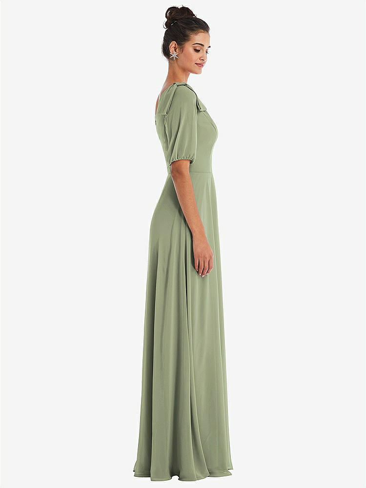 【STYLE: TH048】Bow One-Shoulder Flounce Sleeve Maxi Dress【COLOR: Sage】