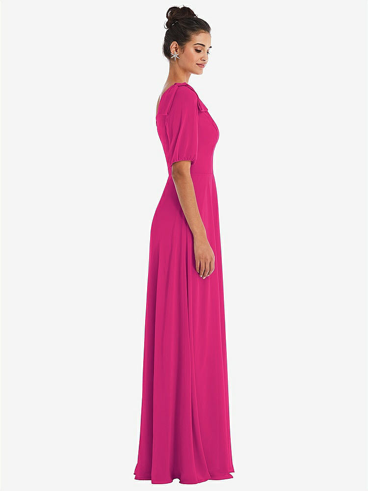 【STYLE: TH048】Bow One-Shoulder Flounce Sleeve Maxi Dress【COLOR: Think Pink】
