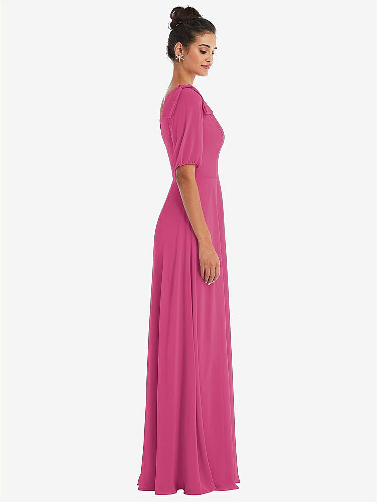 【STYLE: TH048】Bow One-Shoulder Flounce Sleeve Maxi Dress【COLOR: Tea Rose】