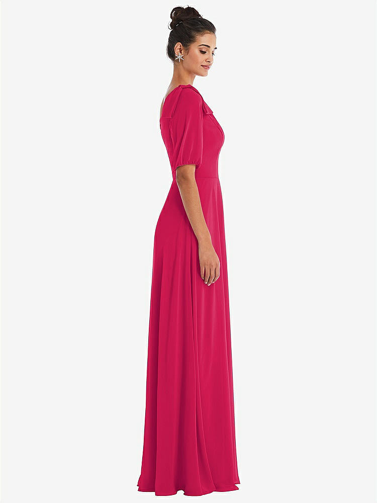 【STYLE: TH048】Bow One-Shoulder Flounce Sleeve Maxi Dress【COLOR: Vivid Pink】