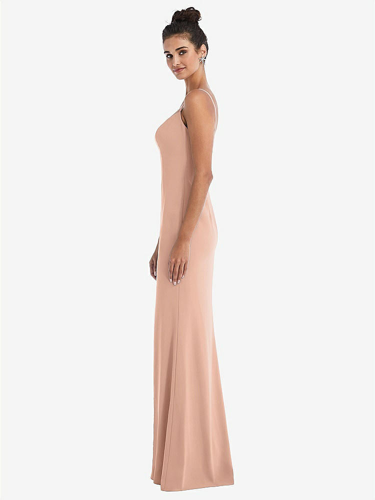 【NEW】【STYLE: TH049】ノッチ クレープ トランペット ガウン 前面 スリット【COLOR: Pale Peach】【SIZE: 00-30W】