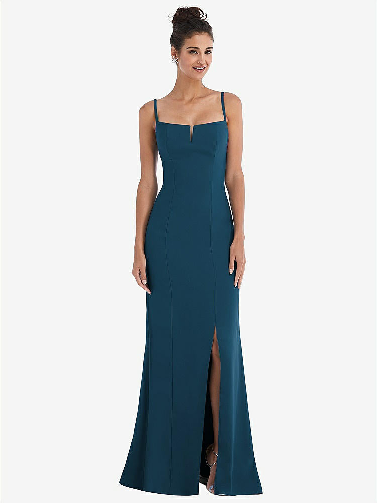 【STYLE: TH049】Notch Crepe Trumpet Gown with Front Slit【COLOR: Atlantic Blue】