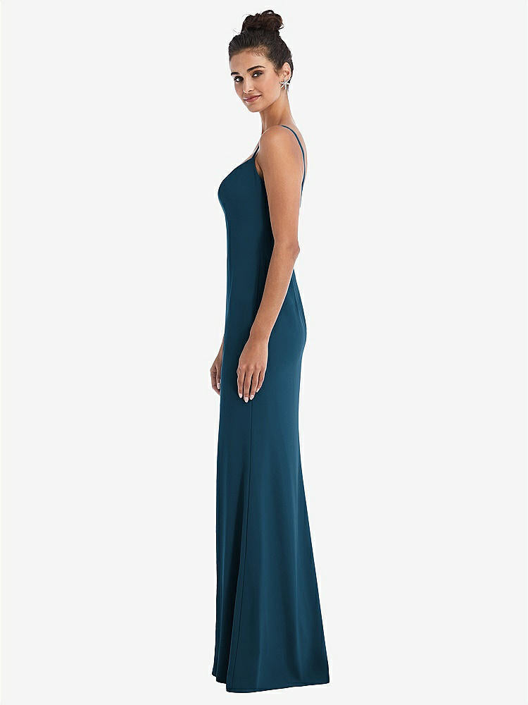 【STYLE: TH049】Notch Crepe Trumpet Gown with Front Slit【COLOR: Atlantic Blue】