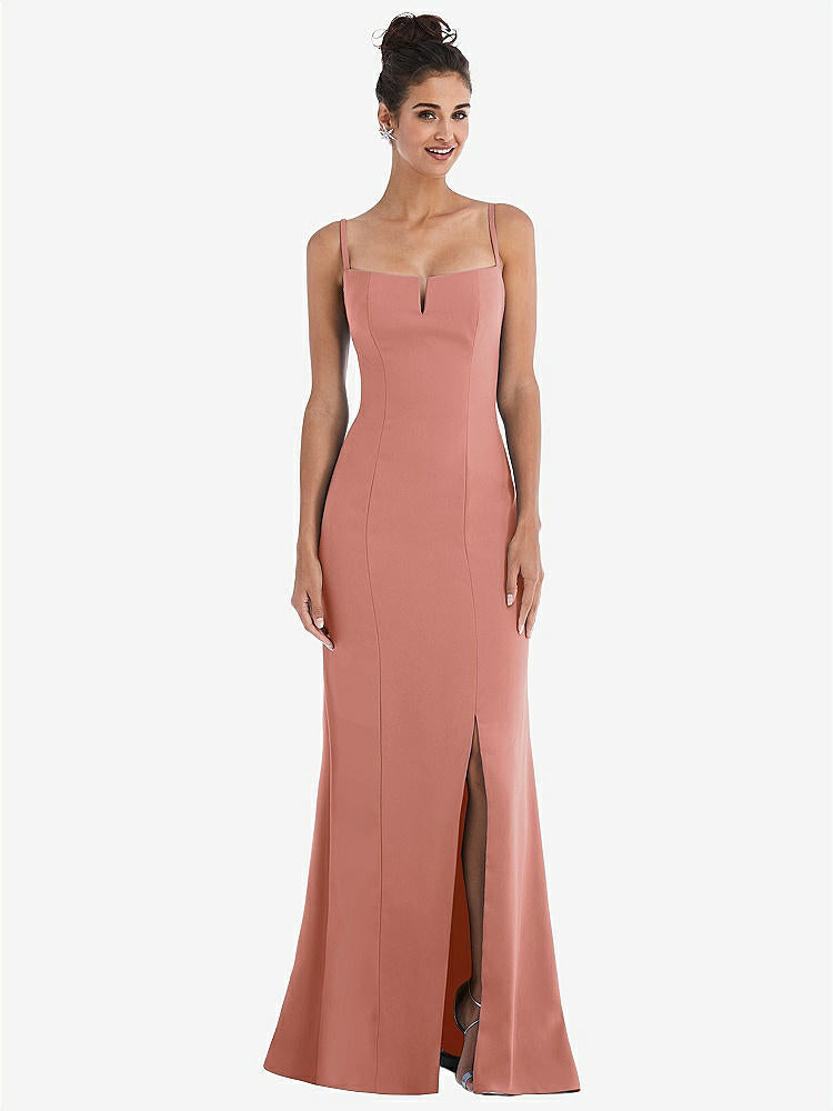 【STYLE: TH049】Notch Crepe Trumpet Gown with Front Slit【COLOR: Desert Rose】