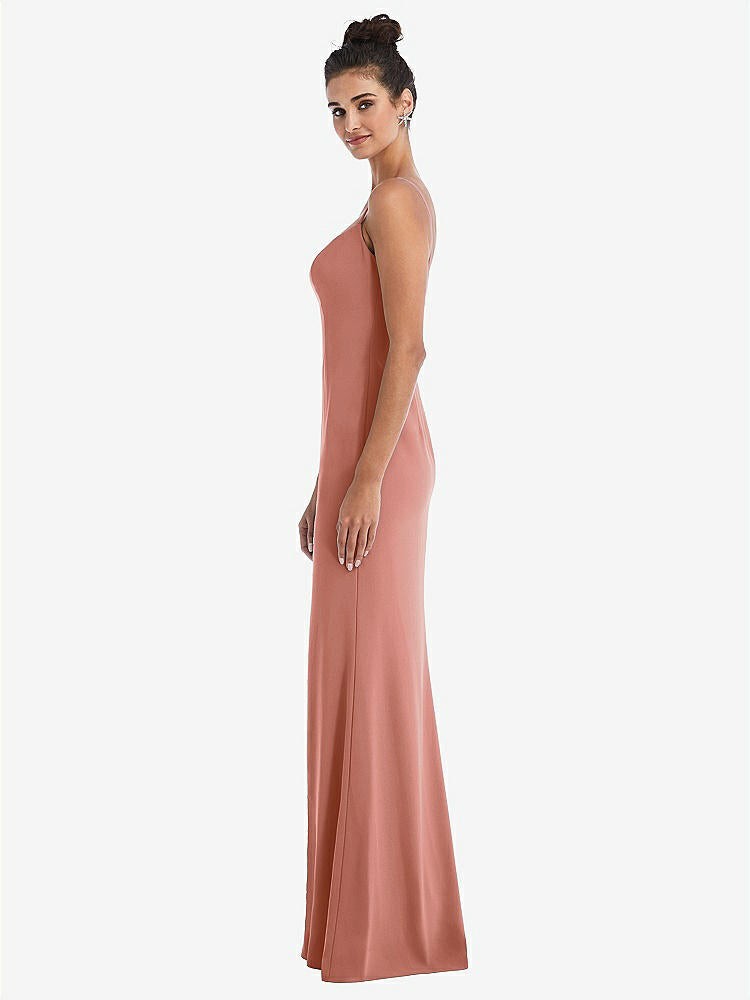 【STYLE: TH049】Notch Crepe Trumpet Gown with Front Slit【COLOR: Desert Rose】