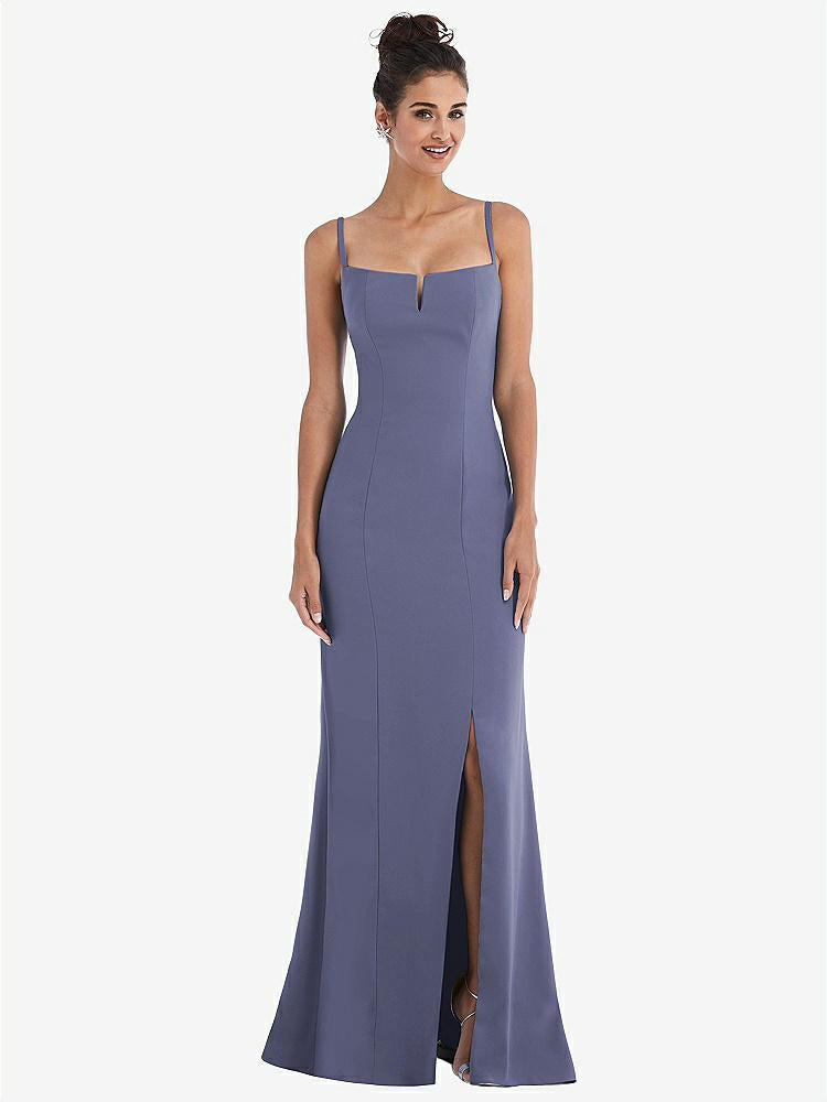 【STYLE: TH049】Notch Crepe Trumpet Gown with Front Slit【COLOR: French Blue】