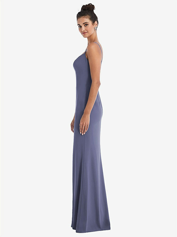 【STYLE: TH049】Notch Crepe Trumpet Gown with Front Slit【COLOR: French Blue】