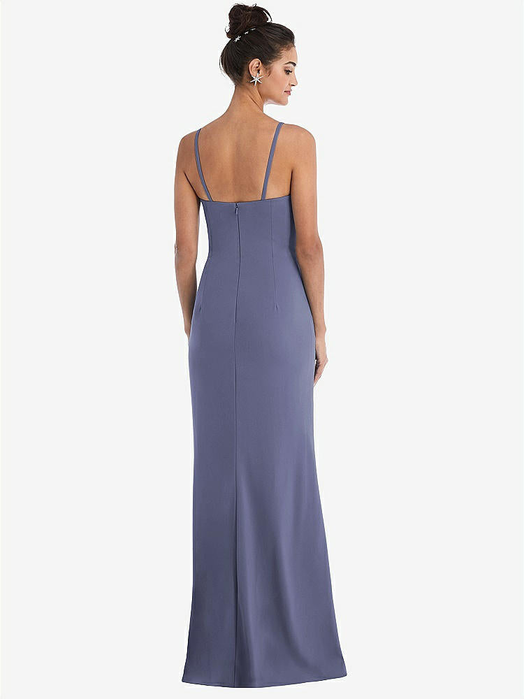 【STYLE: TH049】Notch Crepe Trumpet Gown with Front Slit【COLOR: French Blue】