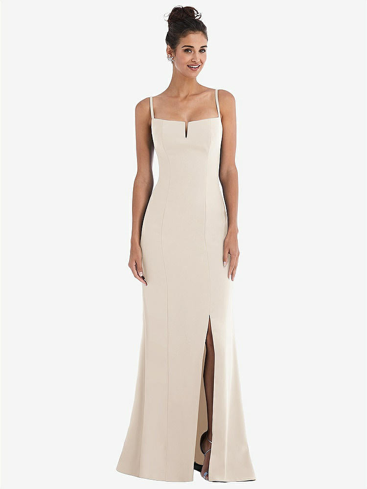 【STYLE: TH049】Notch Crepe Trumpet Gown with Front Slit【COLOR: Oat】