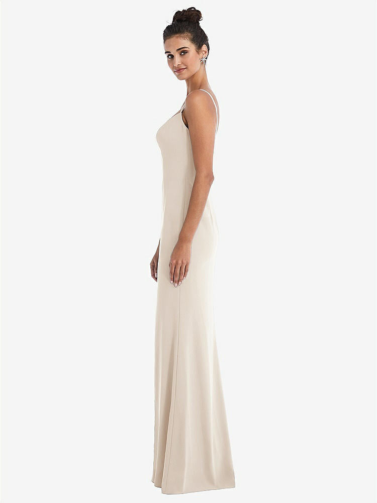 【STYLE: TH049】Notch Crepe Trumpet Gown with Front Slit【COLOR: Oat】