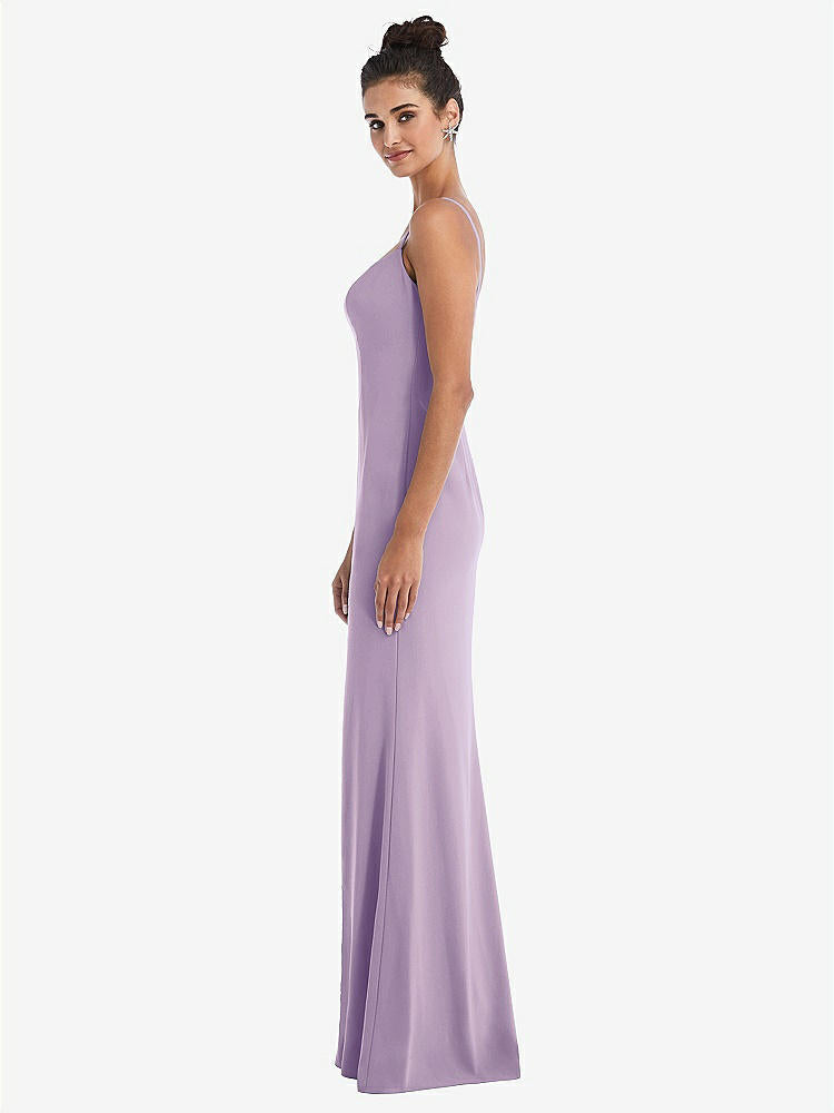 【STYLE: TH049】Notch Crepe Trumpet Gown with Front Slit【COLOR: Pale Purple】